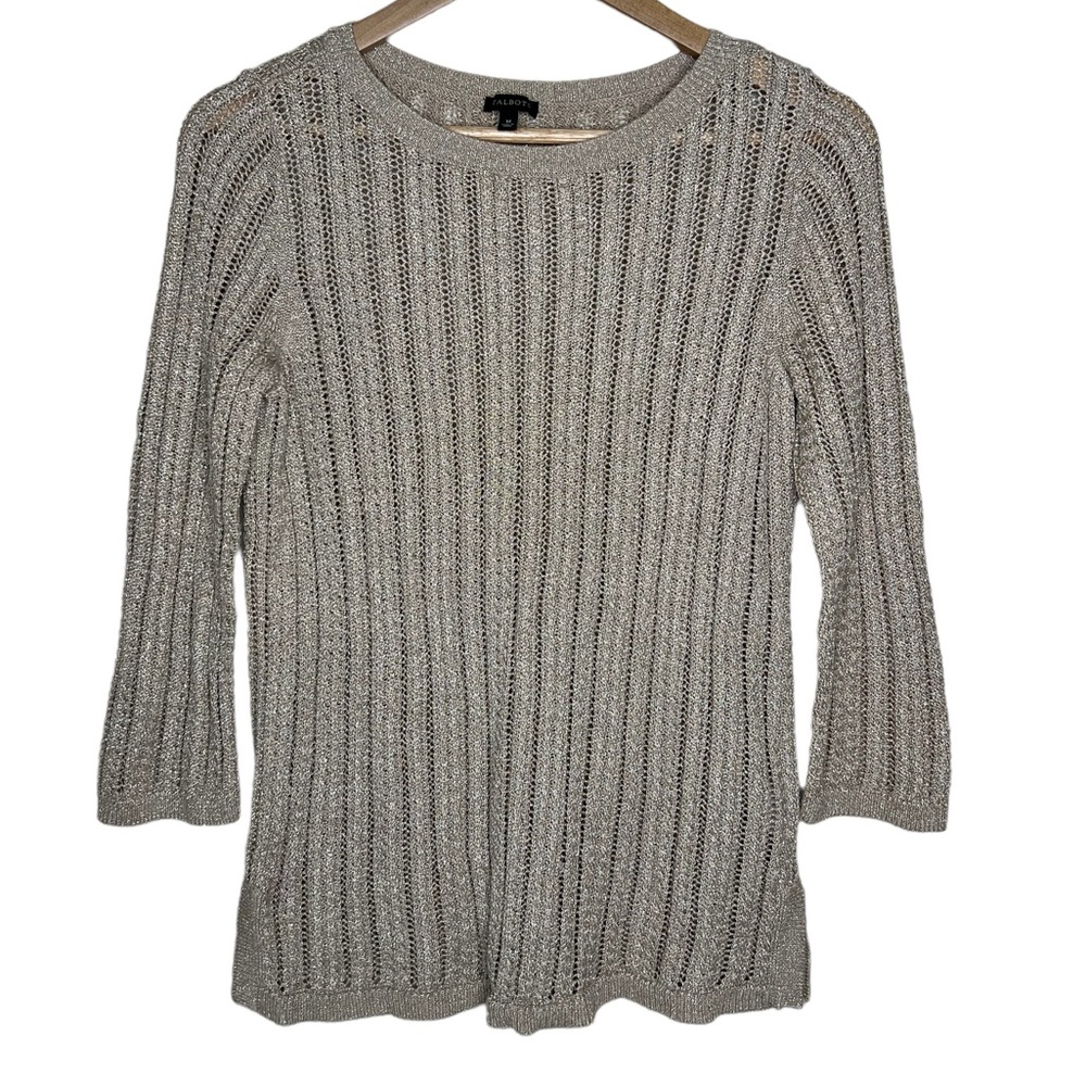 Talbots Metallic Open Knit Sweater Champagne 3/4 Sleeve Pullover Size Medium